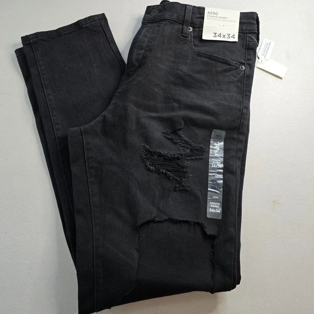 Aeropostale Aero Athletic Skinny Jeans Men's 34 x 34 Black Distressed NWT